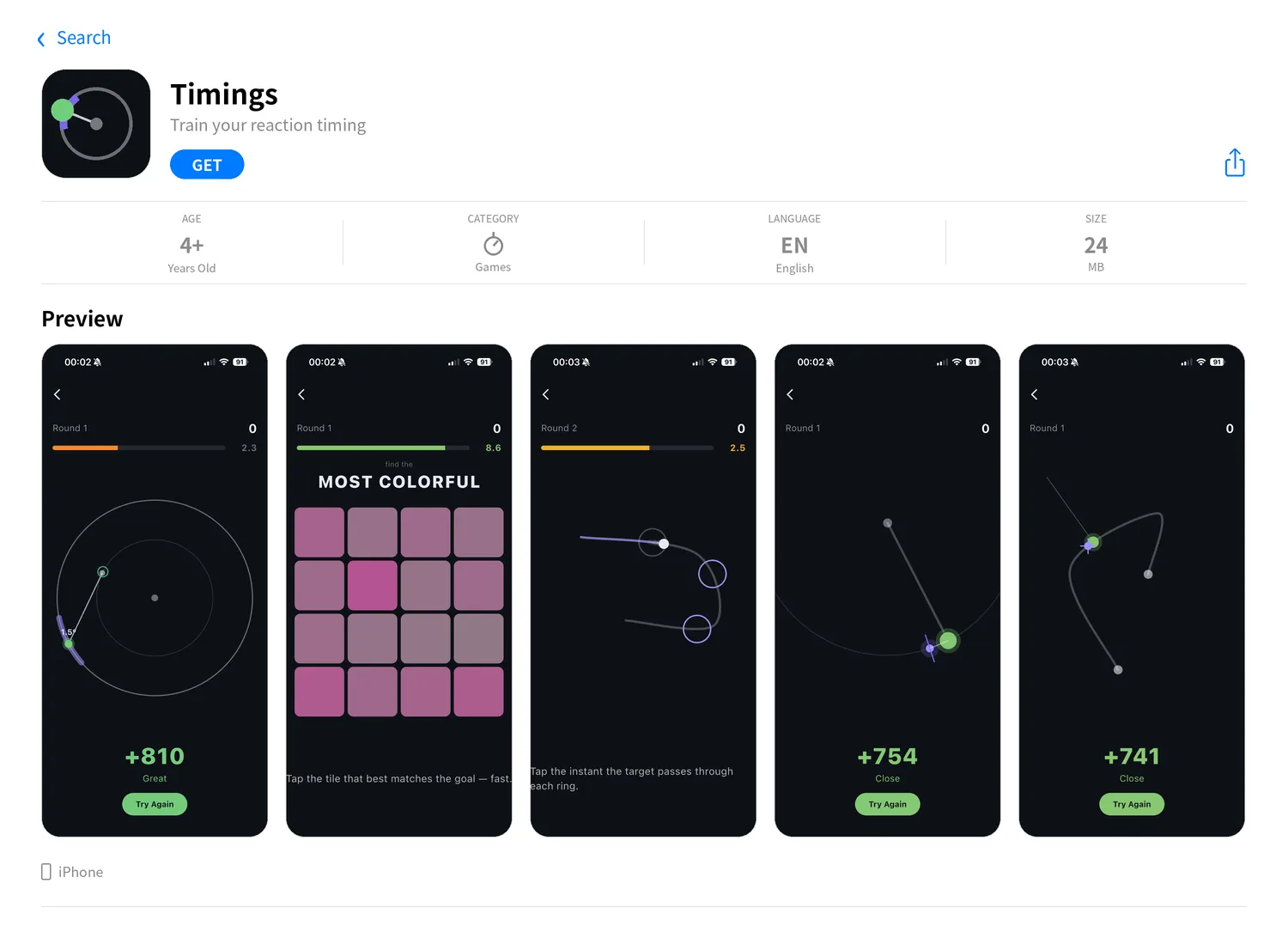 Mockup of an unreleased game called Timings in the app store
