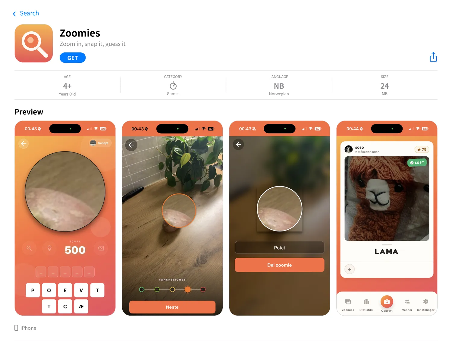 Mockup of an unreleased game called Timings in the app store