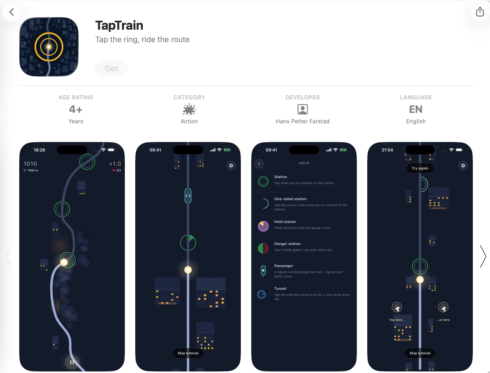 Screenshot from App Store showing the published game Taptrain
